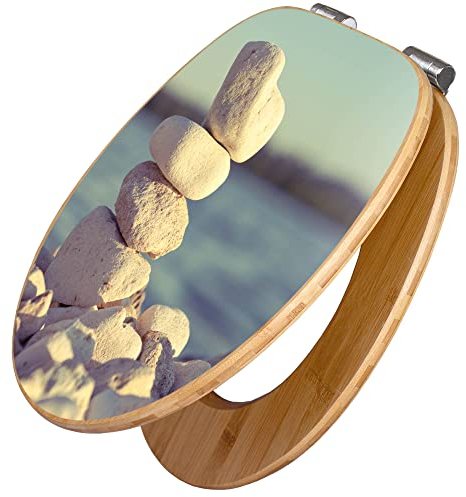 banjado Design WC Sitz Bambus Absenkautomatik 45,8x37,5cm / Toilettendeckel mit Absenkautomatik Holz/hochwertiger Bambus Klodeckel/WC-Sitz für gängigen Toiletten/Motiv Leichte Steine
