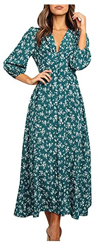 Women's Elegant Summer Dress, 3/4 Sleeve, Flowers, Long Dress, Chiffon Pleated V-Neck Wrap Dress, High Waist, Ruffle Maxi Dress, Party Dresses, A-Line Long Sleeve Dress, Autumn Dress, Women Casual