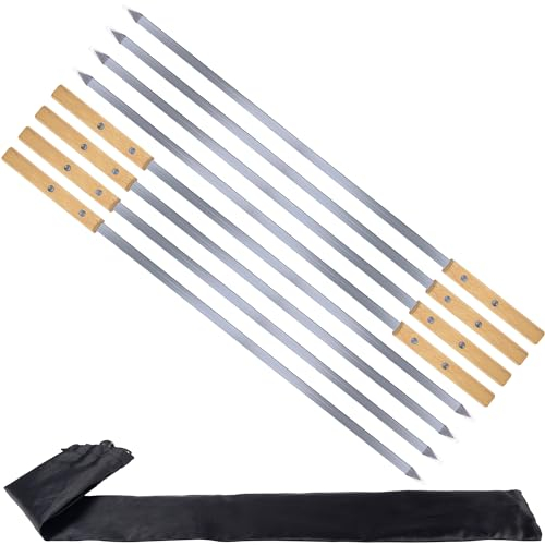 KEYIDO 55cm Turkish Adana Flat Kebab Skewers with Beech Wood Handles, 8 Pack Heavy Duty Stainless Steel Long Barbecue Skewers, Extra Large Metal BBQ Skewers with Storage Bag (21.7)