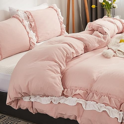 Herside Pink Duvet Cover Set Ruffle Bedding Pink White Layer Ruffle Design Boho Girls Bedding Sets Single 1 Duvet Cover 1 Pillowcase (White-Pink, Single)