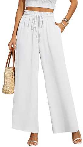 BEIGAI Women Trousers Summer Elasticated High Waist Wide Leg Palazzo Pants | Lightweight, with Pockets, for Women UK, Elegant, Loose, Lounge, Casual, Beach, Vacation