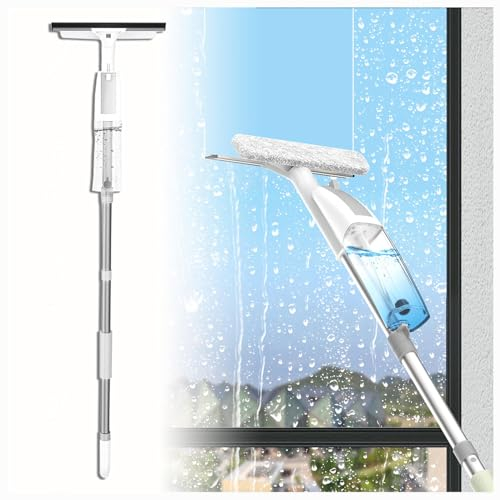 RYJYQYX 3 in 1 Spruzzo Lava Vetri Finestre con Asta Telescopica, Lavavetri con 3 Panni in Microfibra Lavavetri Telescopico per Cabina Doccia con Finestrino