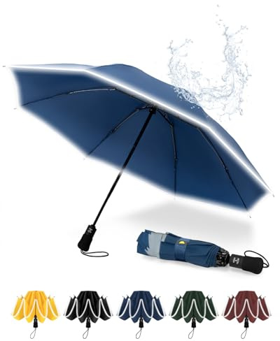 Chakipee Regenschirm Groß Sturmfest Reflektierend für Herren und Damen – Taschenschirm Automatik Auf und Zu Reise Schirm Kompakter Tragbarer, Taschenschirme Schwarz 210T Beschichtung 115 cm Spannweite