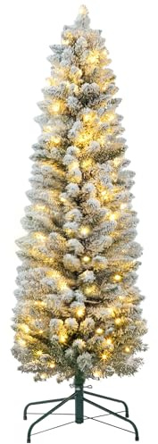 HOMCOM Árbol de Navidad 150 cm Árbol de Navidad Artificial Nevado con 120 Luces LED 263 Ramas y Patas de Metal Árbol Navideño para Salón Verde y Blanco