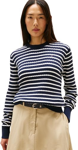 Tommy Hilfiger Donna Pullover Cable Fine Motivo a Trecce, Multicolore (Dark Night Navy/Ivory Silk STP), XXXL