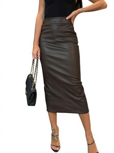 utcoco Womens Long Faux Leather Skirt Bodycon High Waist Slim Pencil Midi Skirt (Large, Coffee)