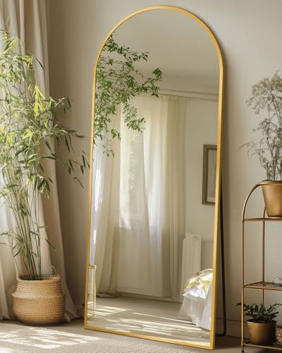 Coomily Full Length Mirror with Stand, 56x15 Arched Full Body Mirror, Large Stand Up Aluminum Frame Floor Freestanding Hanging Leaning Mounted for Bedroom Living Room Entryway Gold