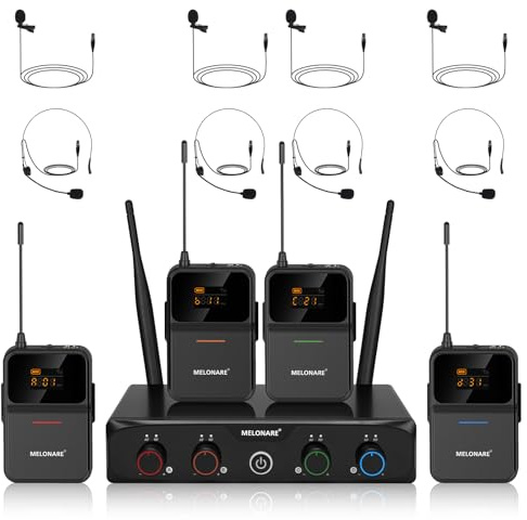 MELONARE Sistema de micrófono inalámbrico UHF de 4 canales con 4 x 10 frecuencias, alcance de 200 pies, 4 bodypacks y micrófonos para auriculares/lapelle para canto, iglesia, conferencia (MWM-41-4B)
