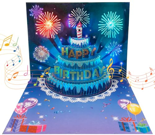 Birthday Cards, 3D Pop Up Birthday Card, Fireworks, Lights, Music and Cake Happy Birthday Card, Birthday Gift Card with Envelope and Blank Card for Women, Men, Husband, Wife, Kids, Mom, Dad