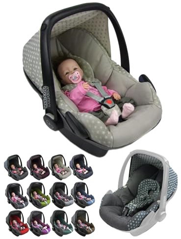 BambiniWelt Ersatzbezug Babyschale – 5-teiliges Set kompatibel mit Maxi-Cosi Pebble Babyschale, inkl. Sitzbezug, Gurtpolster, Sonnenverdeck & Kopfstütze, Farbe: Sterne beige
