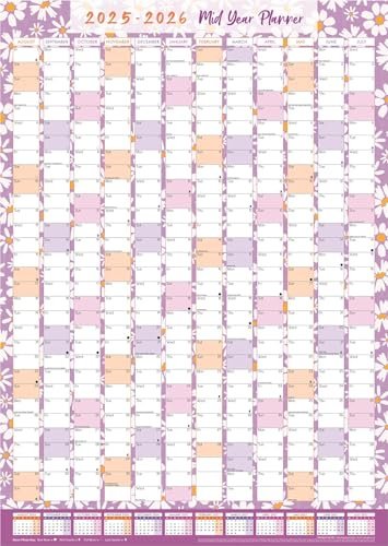 2025-26 Academic Wall Calendar Planner A1 Mid-Year Calendar Pastel Lilac Floral 840 x 600mm