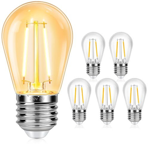 6 Pezzi Lampadine di Ricambio S14 E27 LED 2W, Equivalente Incandescenza 20W, Bianca Calda 2700K, 160LM, Impermeabili IP44, Non Dimmerabile, per Stringa Luminose Illuminazione Interna ed Esterna