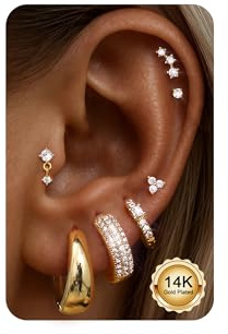 CASSIECA 7Pairs Gold Earrings for Women 316L Surgical Steel Flat Back Earrings Hypoallergenic 14K Gold Hoops Stud Earring Set Small Huggie Hoops Sleeper Earring for Multiple Ear Piercings