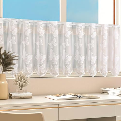 VAIGU:OA Scheibengardine Bistrogardine - Halbtransparent Vorhänge, Jacquard Gardine mit Schmetterling, Kurzstores Weiß mit ösen Kurze küchengardinen mit Gebogter Kante BxH 150x45cm, 1 Stück
