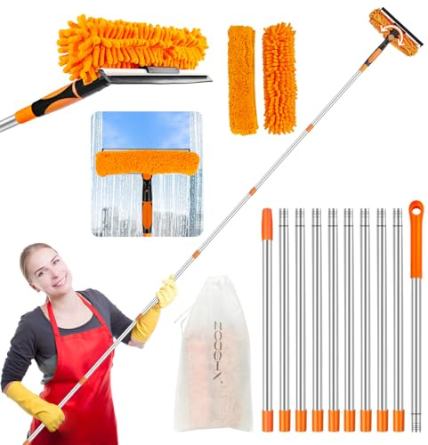 Window Cleaning Tools Window Squeegee: 4.5M 2 in 1 Double-Sided Professional Cleaner Window Washing Kit with Extension Pole Duster for High Ceilings Microfiber Scrubber for Indoor Outdoor High Glass