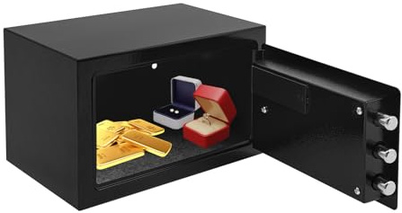 Mini Tresor Safe für Zuhause – Elektronischer Schmucktresor mit Digitalem Zahlenschloss, Alarmfunktion & Schlüssel – 31x20x20cm, Kaltgewalzter Stahl (Wand-/Tischmontage) (Schwarz)