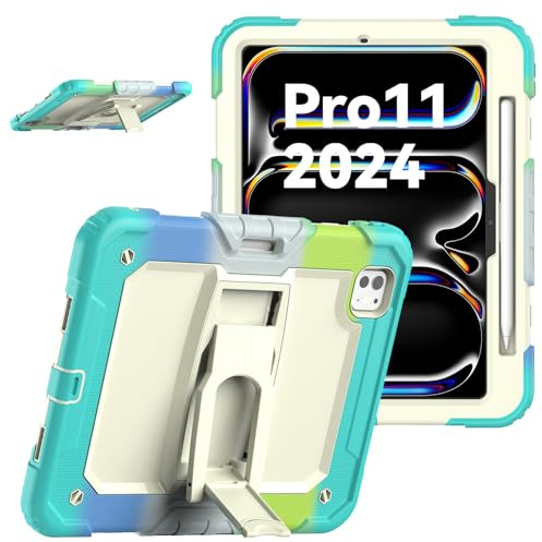 V-MOTA Étui de protection de qualité militaire compatible avec iPad Pro M4 2024 A2836 11, coque hybride noire, design antichoc avec fente pour stylo et support (bleu arc-en-ciel)