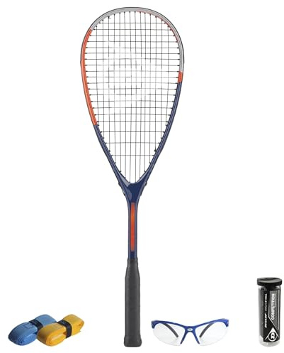 CX Pro Sport Tristorm Pro Squash Set – Includes 1 Dunlop Tristorm Pro Racket, 3 Competition Balls, 1 Dunlop Protective Eyewear Competition blue & 2 CX Pro Sport Grips – Exclusive Bundle