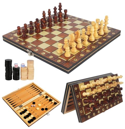 Jeu D'echecs Magnétique en Bois Pliable Portable Ensemble D'échiquier Jeu D'échecs 3 en 1 pour Enfants et Adultes