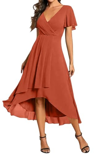 Robe de Cocktail Femme pour Invité de Mariage - Robe Midi Fluide en Mousseline avec Ourlet Irrégulier - Robes de Fête Soirée Anniversaire Coupe Ajustée et Évasée Cadeau Femme,Saffron,XL,f66r