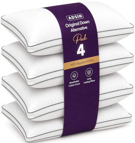 adsin Hotel Quality Bed Pillows 4 Pack Egyptian Cotton Cover Pillows for Side Back & Stomach Sleepers Soft & Supportive Hollowfibre Filling Hypoallergenic, Anti Allergy, Breathable & Machine Washable