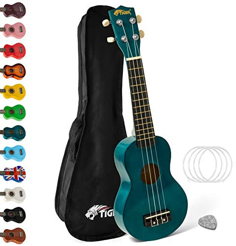 TIGER Ukulélé soprano 2501-BL avec sac de transport, médiator en feutre et cordes de rechange, bleu