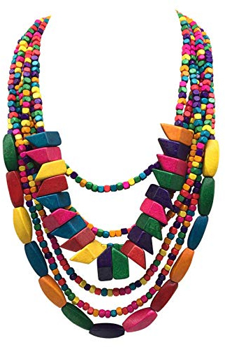 JHWZAIY Statement Multicolor Wood Bead Chunky Layered Necklace for Women - Multi Layer Color Wooden Beaded Bib Long Strand African Fashion Jewelry Costume (01)
