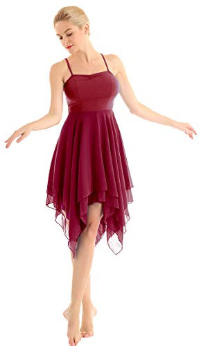 dPois Damen Tanzkleid Ballett Kleid Ärmellos aus Chiffon Swing mit Spaghettiträger Asymmetrische Tanzkostüme Latein Rumba Tango Kleid Ballsaal Dancewear Weinrot Small
