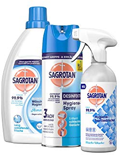 Sagrotan Hygiene Set – Hygiene-Spray 400ml, Textilerfrischer Frische Wäsche 500ml & Wäsche-Hygienespüler Himmelsfrische 1,5l – 3-teiliges Reinigungs- und Desinfektions-Bundle