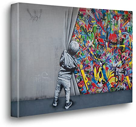 Giallobus - Gemälde - Banksy - Kind öffnet den Vorhang - Premium Loom Canvas mit hoher Dicke - 140x100 - Bereit zum Aufhängen - Moderne Gemälde für zu Hause