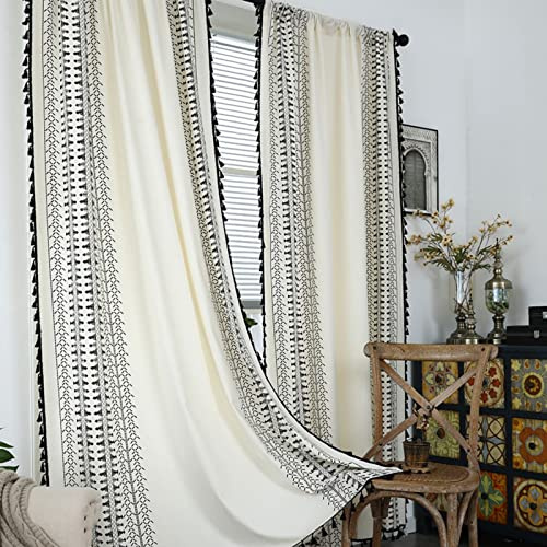 USTIDE Ethnic Geometric Curtains Retro Bohemian Semi-Blackout Curtains,71 Inches Long for Bedroom,Living Room,Black and White