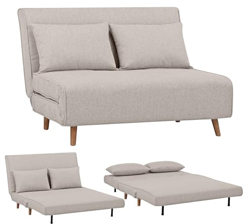 EVERGREENWEB Poltrona Letto 1 Piazza e Mezzo con Cuscino Imbottito, Tessuto Beige, Divano 2 Posti Salvaspazio Pieghevole, Pouf Poggiapiedi, Comodo Schienale Regolabile Clic Clac, Gambe in Legno, FOLDY