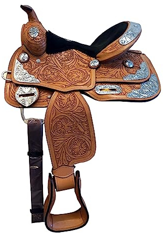 Sella per pony, completamente attrezzata, super argento, stile western, 25,4 cm, 28 cm, 30,5 cm, medio, in pelle color olio, con sedile nero (sedile da 30,5 cm)
