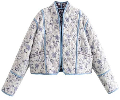 Yimoon Women's Cropped Puffer Jacket Floral Print Lightweight Short Padded Quilted Coat Open Front Winter Outwear(White-S)