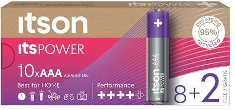 ITSON, AAA batteries, pack of 10, eco-friendly packaging of 95 Percentage recycled materials, for clocks, torches, remote controls, made in EU