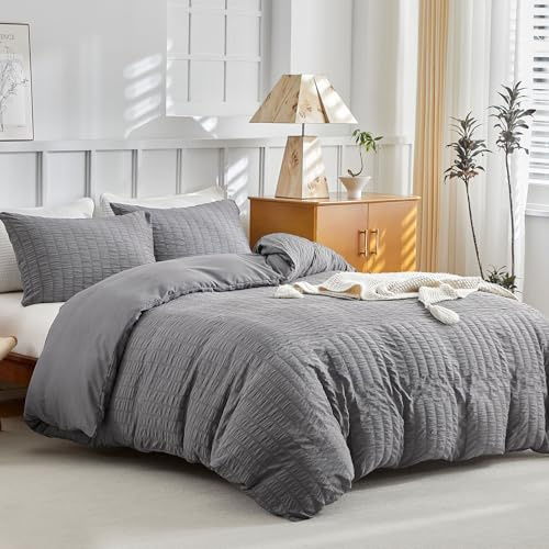 Tokokimo Grey Duvet Cover Double - Seersucker Bedding Set 3 pieces, Soft Microfiber Textured Grey Duvet Sets with 2 Pillowcases for Double Bed Puckering Bedding Sets