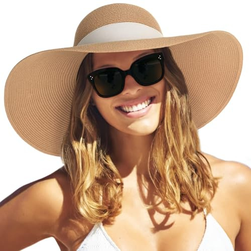 FURTALK Womens Sun Straw Hat Wide Brim UPF 80 Summer Hat Foldable Roll up Floppy Beach Hats for Women, Khaki+Beige Ribbon, M-L