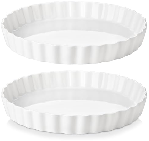 LOVECASA Porzellan-Kuchenform, 2 teilig Quiche-Form porzellan Tarteform, Quicheform, Tarteform Keramik, Obstkuchenform, Aufbackform, runde Backform mit Wellenrand, 26 x 26 x H 3,7 cm, 1580 ml, Weiß