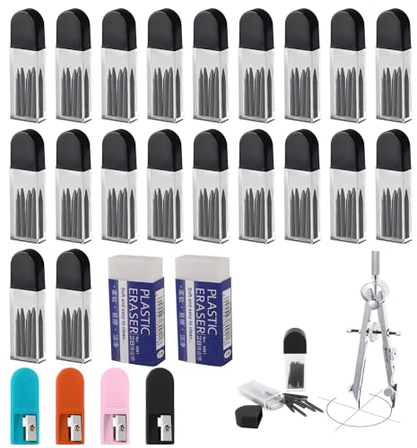 Ezydka 200 Stück Zirkelminen 2mm Zirkel Mine hb Zirkel Ersatzminen, Mine für Zirkel, Zirkelspitze mit 2 Radiergummi und 4 Zirkelspitzer für Mathematische Zeichnungserstellung