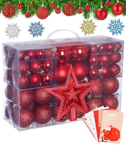 Bixury Weihnachtskugeln Rot Weihnachtskugeln Kunststoff, 105er Set Christbaumkugeln Rot Weihnachtsschmuck mit Christbaumspitze Stern, Weihnachtsbaumkugeln mit 4 Schneeflocken Deko Plus 5 Karte