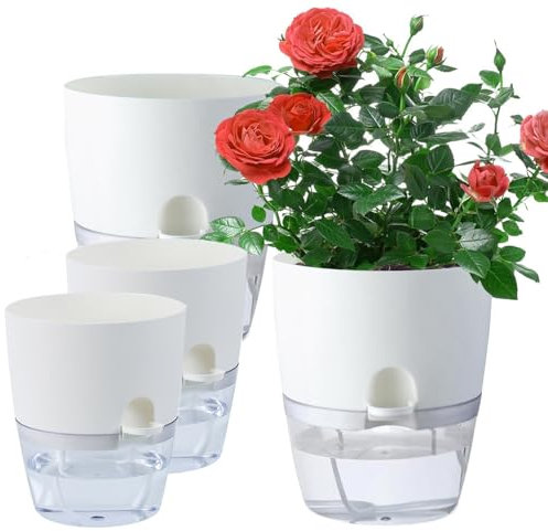 DHSUN Set da cucina per erbe aromatiche, irrigazione automatica, set da 4 pezzi, grande vaso da esterno, fioriera con sistema di irrigazione (13,8 cm di altezza 2 pezzi + 11,3 cm di altezza 2 pezzi)