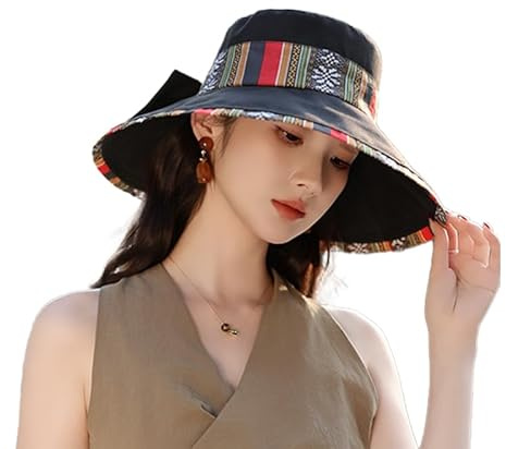 Womens Wide Brim Floral Bowknot Sun Hat Ethnic Style Foldable Floppy UV Protection Summer Travel Beach Bucket Hat Black