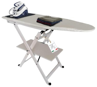 MOHOME Asse da Stiro Legno Faggio Bianco Pieghevole Salvaspazio Tappetino Silicone Portacaldaia Rotelle Trasportabili Dimensioni 123 x 89 x 48 cm Made in Italy