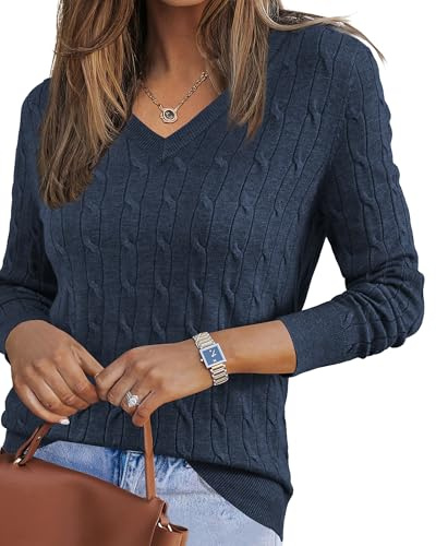 Arach&Cloz Sweater for Women 2025 Fall Fashion Clothes V Neck Long Sleeve Cute Cable Tops Dressy Business Casual Trendy Teacher Outfits Cashmere Shirts Dark Blue XL