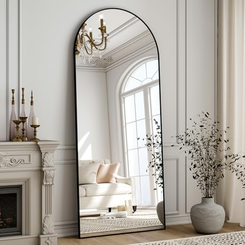 ZenoMirris Specchio intero 150 x 40 cm, a forma di arco, con cornice in alluminio, specchio da pavimento e da parete da appoggiare, appoggiare o appendere, per camera da letto e soggiorno, nero
