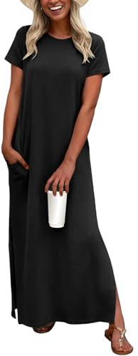 QIXING Women's Elegant Summer Maxi Dress with Pockets UK Holiday & Travel Outfits Split Hem Short Sleeve Wrinkle Free Dress (Black, L)