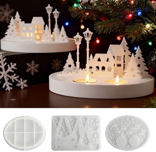 Portavelas Árbol Navidad Moldes, 3 PCS Moldes de silicona para Navidad, Moldes de silicona para casas navideñas, Moldes de Fundición de Navidad de Silicona, Moldes velas navidad, para DIY Velas, Jabón
