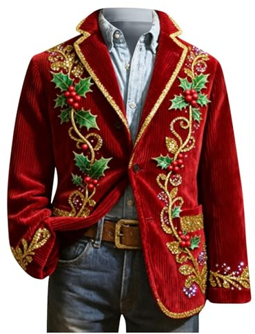 Costume Noel Homme - Blazer de Noël en velours côtelé pour homme - Style décontracté - Imprimé sapin de Noël - Père Noël - Vestes de costume à revers cranté