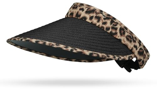 CLAPE Sommar solvisir mössa damer UV-skydd halm solhatt med brett brätte solsköld utomhus sport golf tenniskeps, SV2604-Leopard svart, one size