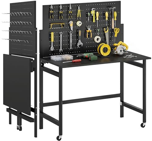 HOMCOM Banco da Lavoro Pieghevole 9cm con Pannello Forato e 30 Ganci Nero